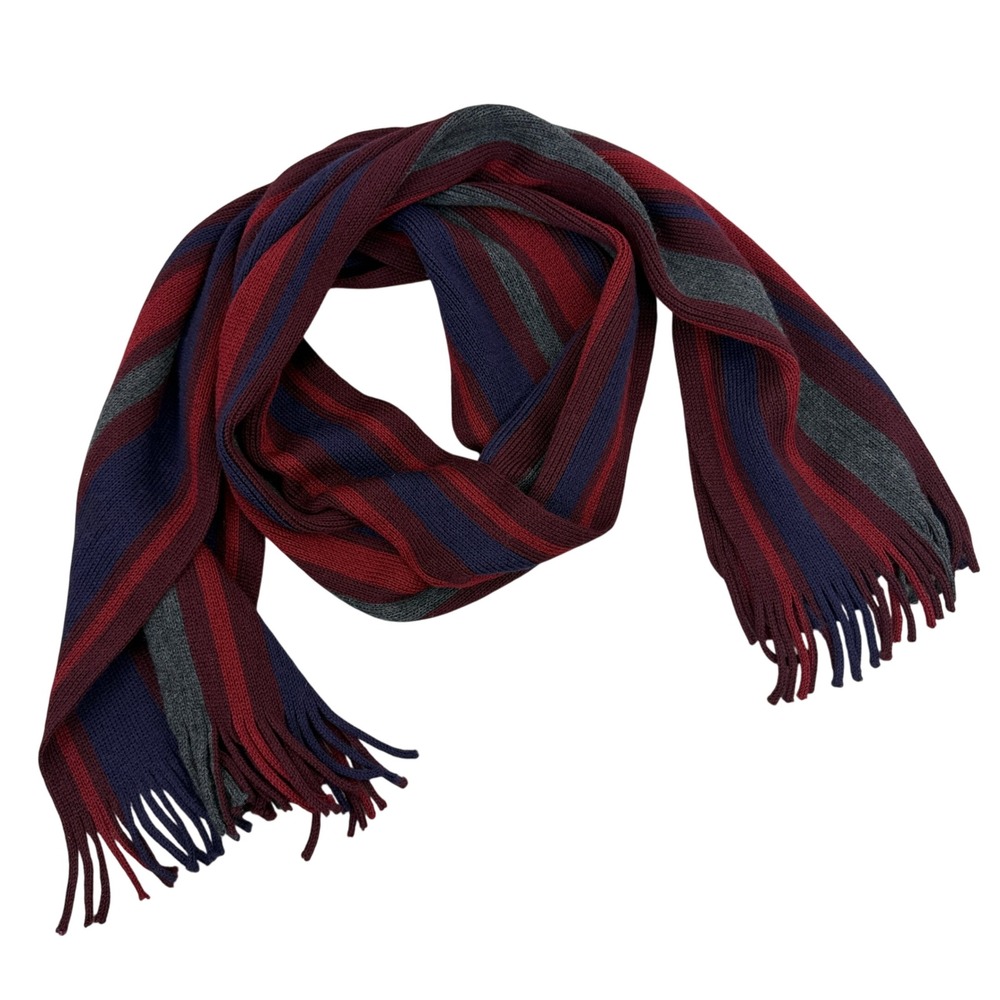 Ted Baker Scarf Mens OS Burgundy Striped Wool Fringed Winter Neckwear Wylam